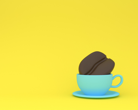 Creative made of coffee bean with blue coffee cup on yellow pastel background. minimal drink concept. Idea creatively to produce work within an advertising marketing communicationsの写真素材