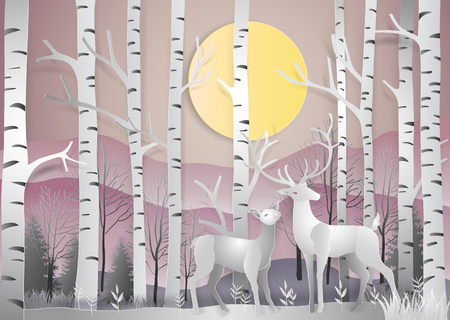 Reindeer in forest landscape at dawn with mountains background. paper art and digital craft style. Vector illustration.のイラスト素材