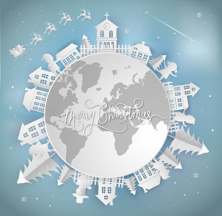 Merry christmas card and Happy New Year. santa claus is coming to the earth. with city winter landscape with snowflakes, light, stars. Paper art and digital craft style.のイラスト素材