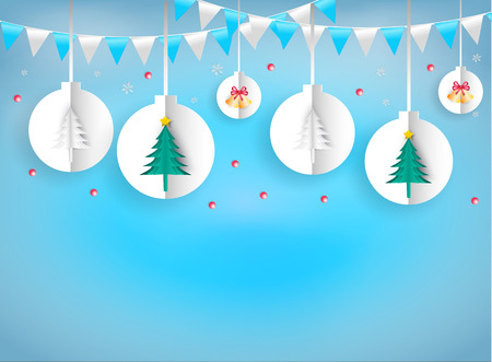 Illustration paper art style of christmas ornaments hanging rope white on blue background. It represents the celebration on the day of happiness.  Merry Christmas and Happy New Year.のイラスト素材