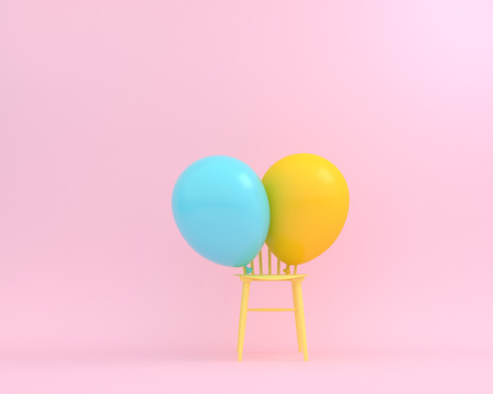 Balloons blue and yellow pastel with yellow chair on pink color background. Creative layout made for festival like birthday or christmas celebration party. minimal party concept idea.の写真素材