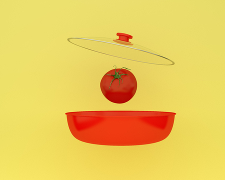 Open red cooking pot with tomato floating on yellow color background. minimal food idea. An idea creative to produce work within an advertising marketing communications or artwork designの写真素材