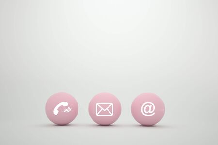 Post icons pink sphere symbol telephone, mail, address and mobile phone. Contact Methods concept on website page or e-mail marketing.の写真素材