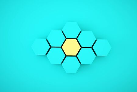 Abstract photo of ourstanding yellow beehive-like hexagons among blue hexagons on blue background....