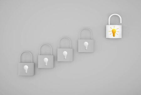 Outstanding white key unlock with light bulb icon standing one different from the others.の写真素材