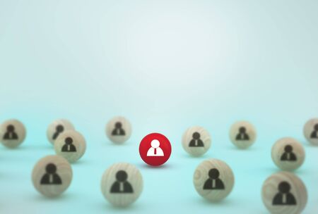 Concept creative idea of human resource management and recruitment business employee concept. Arrange wooden sphere on blue backgroundの写真素材