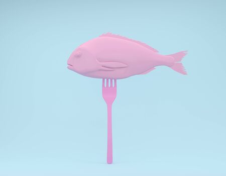 Creative layout fish pink with a fork on pastel blue background. minimal idea food concept.の写真素材