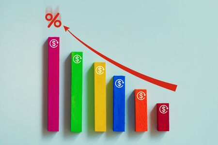 Time value of money / financial concept : Bar graph stack step down with red arrow and percent icon. Risk management business financial and managing investment percentage interest rates concept.の写真素材