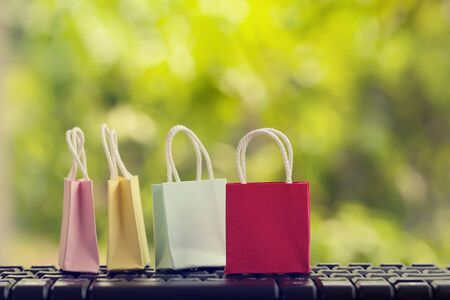 E-Commerce concept. : Color paper shopping bags with on notebook keyboard in the natural green background. International freight or shipping service for online shoppingの写真素材