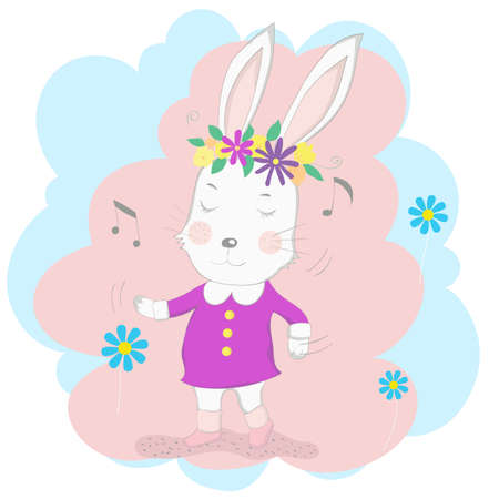 The cute baby rabbit wearing a pink dress and dancing with music. Hand drawn cartoon styleのイラスト素材