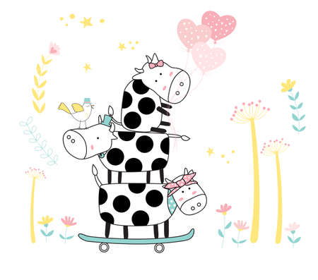 The cute baby cow with skateboard. Hand drawn cartoon styleのイラスト素材