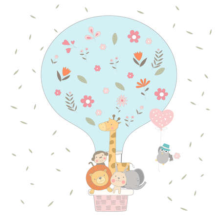 The cute animal cartoon with balloon air on sky. cartoon sketch animal styleのイラスト素材