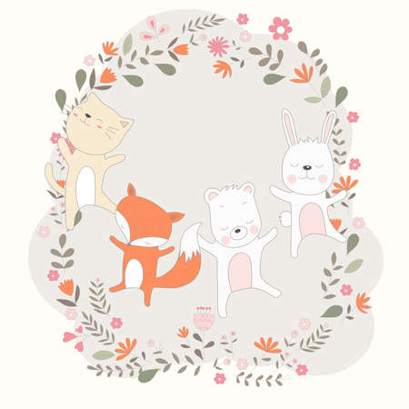Hand drawn style, Cute baby animal cartoon it dance cheerfullyのイラスト素材