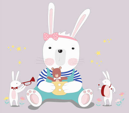 The cute baby rabbit with little bear. Hand drawn cartoon styleのイラスト素材