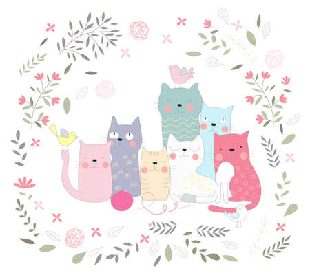 The cute baby cat and flower. Hand drawn animal cartoon styleのイラスト素材