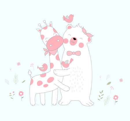 Hand drawn style white bear and giraffe happinessのイラスト素材