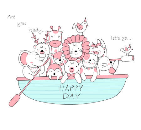 The cute baby animal with boat. Cartoon sketch animal styleのイラスト素材