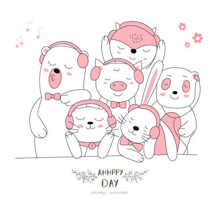 The cute baby animal happy to everyday. Cartoon sketch animal styleのイラスト素材