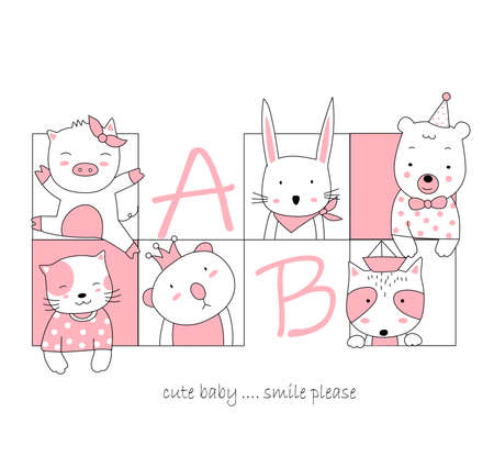 The cute animal cartoon in frame. Hand drawn cartoon styleのイラスト素材