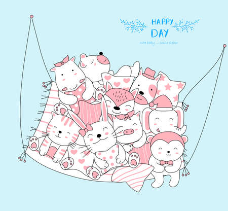 The cute baby animal relax and happy to everyday. Cartoon sketch animal styleのイラスト素材