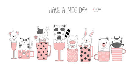 Hand drawn style animal cartoon. Cartoon sketch the cute baby animal with cupのイラスト素材