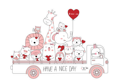 Hand drawn style. Cartoon sketch the cute baby animals with carのイラスト素材