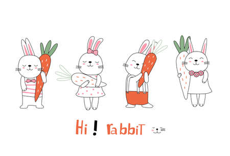 Hand drawn style. Cartoon sketch the cute posture baby rabbit  animal with carrotのイラスト素材