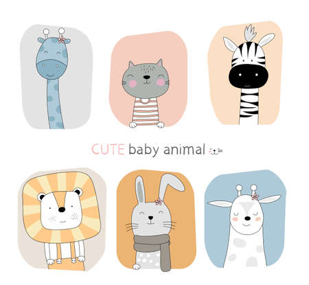 Hand drawn style. Cartoon sketch the cute posture baby animal with frame color backgroundのイラスト素材