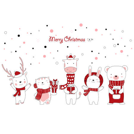Christmas design with the cute animal cartoon and the gift box. Hand drawn cartoon styleのイラスト素材