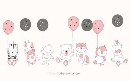 Hand drawn style. Cartoon sketch the cute posture baby animalsのイラスト素材
