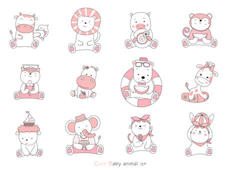Set cartoon character the lovely baby animals on white background. Hand-drawn style.のイラスト素材