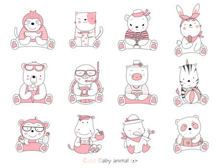 Set cartoon character the lovely baby animals on white background. Hand-drawn style.のイラスト素材