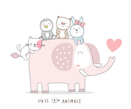 The cute baby elephant animal cartoon with duck, pig and rabbit. hand-drawn styleのイラスト素材