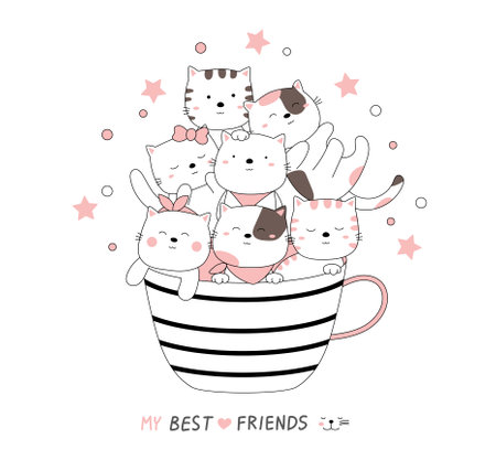 Cartoon sketch the cute cat baby animal with a cup. Hand-drawn style.のイラスト素材