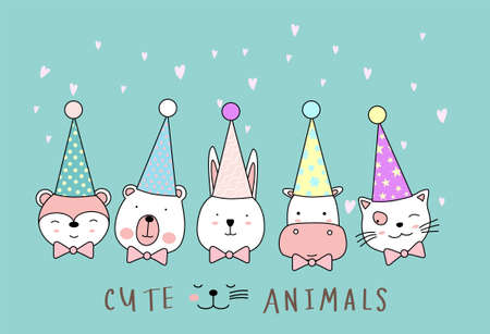 Cartoon sketch the cute animals. Hand drawn style.のイラスト素材