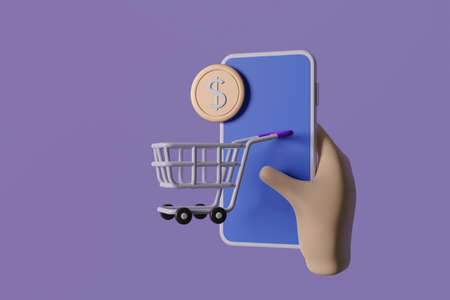 Searching on internet with smartphone, Mobile phone with search icon on blue background. Digital marketing concept. 3D rendering illustration.の写真素材