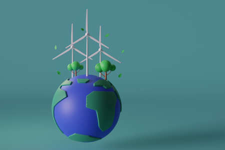 Wind energy concept :Earth model with turbine, tree symbol on blue background.