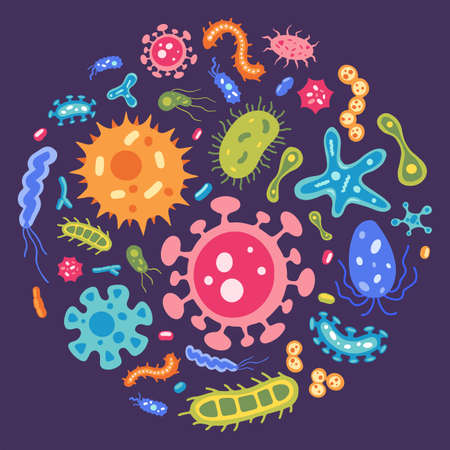 Vector collection of flat virus and microbe illustrations in circle. Bacterium icon set. Colourful...