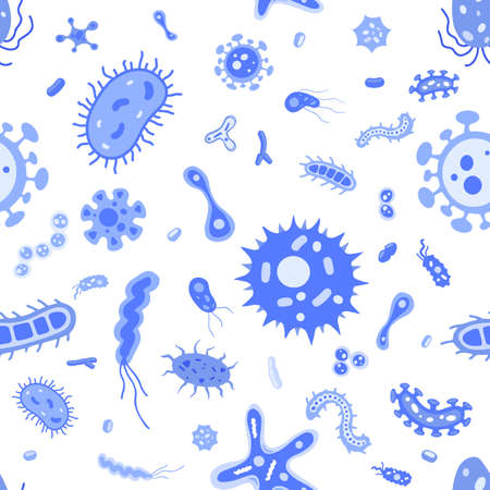Vector seamless pattern: flat virus and microbe illustrations. Bacterium icon set. Colourful cartoon amoebas and bacillus texture. Beautiful collection of microorganisms.のイラスト素材