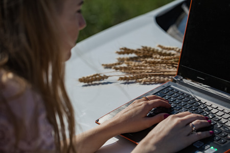 Girl working on a laptop near the field with wheatの写真素材