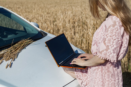 Girl working on a laptop near the field with wheatの写真素材