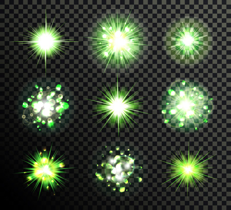 Glowing stars, lights, sparkles bursts, lens flare. Isolated on black transparent background. Elements for design. Green, white. Vector illustration, eps 10.のイラスト素材