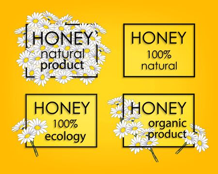 Natural honey. Organic food. Set isolated decor elements for web sites, banners, greeting cards, posters, flyers, advertising. Abstract background. Vector illustrationのイラスト素材