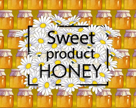 Natural honey and flowers. Organic food. Ecological product. Frame with text. Decor elements for web sites, banners, cards, posters, flyers, advertising. Abstract background. Vector illustrationのイラスト素材