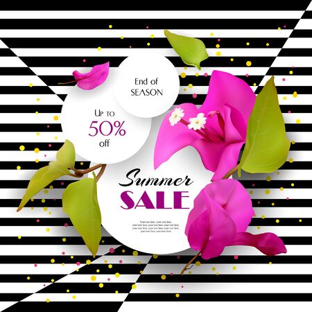 Summer Sale. Discounts. End of season. Concept. Advertising background with tropical flowers. Template. Vector illustration.のイラスト素材