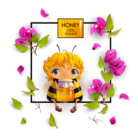 Cute bee with honey and tropical flowers Bougainvillea in a frame. Animated character. Isolated, on white background. Advertising honey. 3d. Vector illustration EPS10のイラスト素材