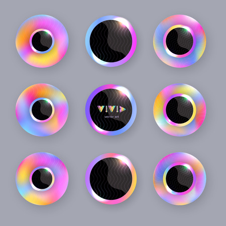 Round iridescent button with blur effect and glare of light. Trendy rainbow design. Set, collection. Elements for design with a place for numbers or signs.のイラスト素材