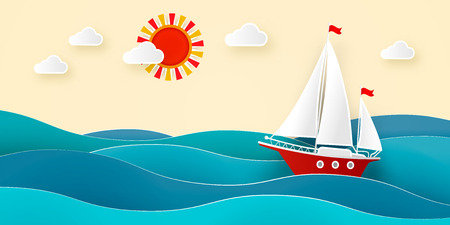 Sailboat in the sea. Sun, clouds. Vector illustration for advertising, travel, tourism, cruises, travel agency, discounts and sales. Paper styleのイラスト素材