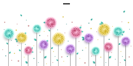 3D stylized multicolored flowers with leaves on a white background. Abstract floral origami pattern. Paper style. Element for festive design. Vector illustrationのイラスト素材