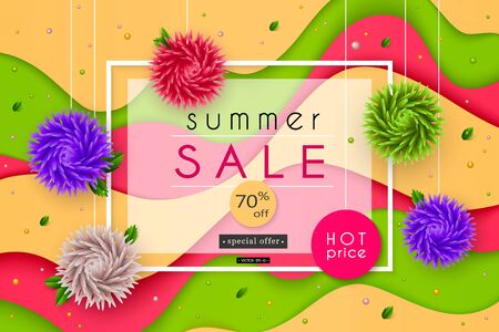 3D stylized multicolored flowers with leaves on striped background. Summer Sale. Abstract floral origami pattern. Paper style. Vector illustrationのイラスト素材